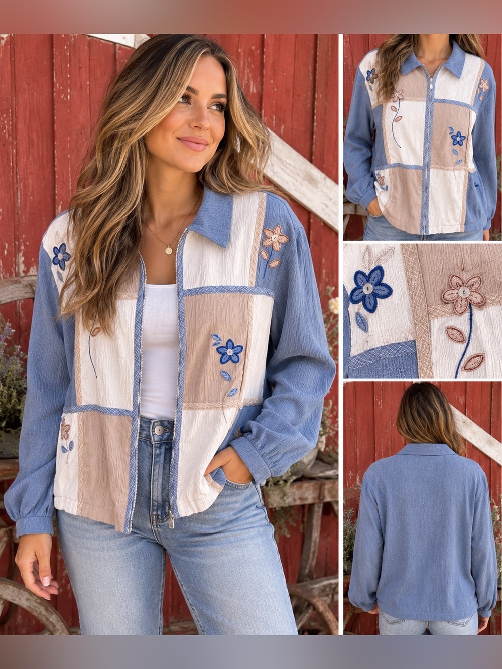 Vintage Alfred Dunner Blue Floral Embroidered Patchwork Zip Jacket Size 10
